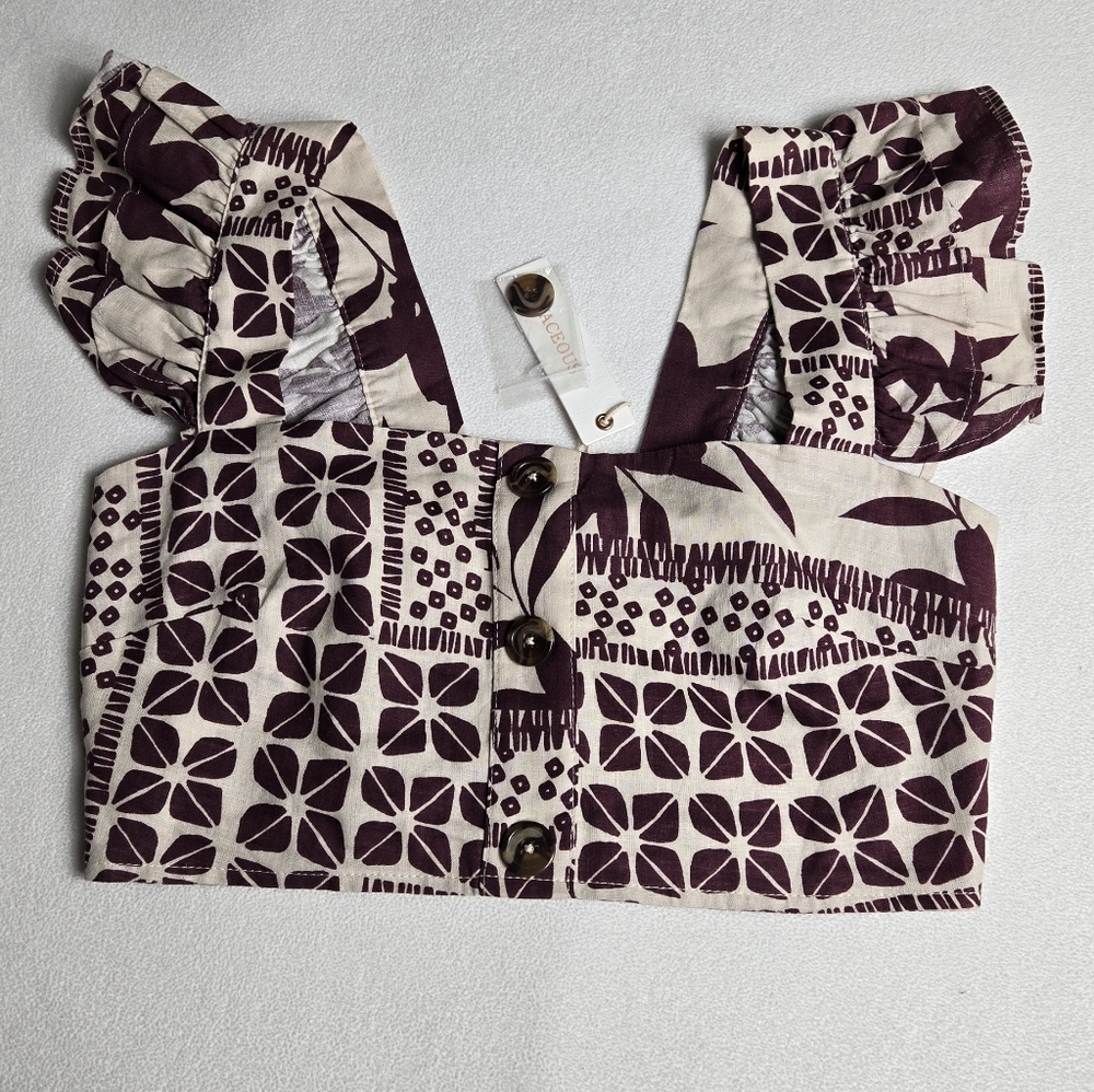 Olivaceous Maroon Patterned Women's Cropped Linen Blend Top, Size Small